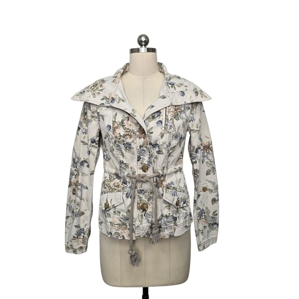 Daughters of the Liberation Anthropologie Floral Utility‎ Jacket Cream Blue Sz 2